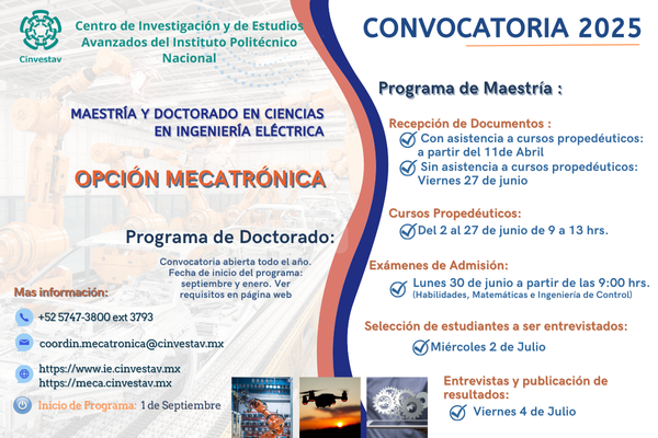 Cinvestav (@cinvestav) on Twitter photo Al terminar el posgrado en Mecatrónica, tendrás las bases científicas y tecnológicas para convertirte en líder a nivel nacional e internacional en tu área de formación
🗓️ maestría hasta el 27 de junio
🗓️ doctorado, todo el año
📨coordin.mecatronica@cinvestav.mx Al terminar el posgrado en Mecatrónica, tendrás las bases científicas y tecnológicas para convertirte en líder a nivel nacional e internacional en tu área de formación
🗓️ maestría hasta el 27 de junio
🗓️ doctorado, todo el año
📨coordin.mecatronica@cinvestav.mx