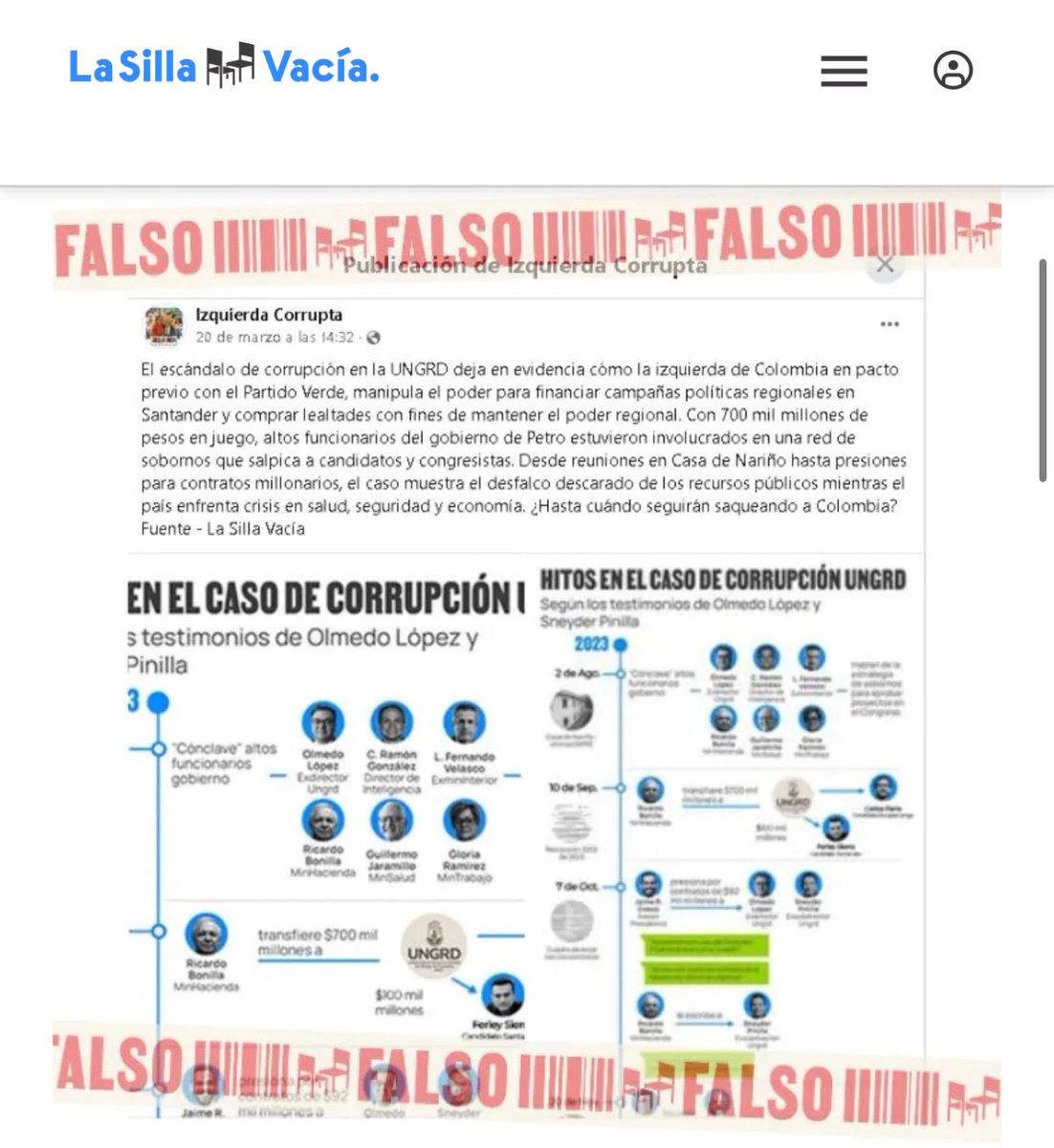 Oiga <a href="/soyjaimeandres/">Jaime Andrés Beltrán</a> y <a href="/manolete/">Manuel Parada</a>, ya salió la <a href="/lasillavacia/">La Silla Vacía</a> a desmentir esa campaña sucia que se viene haciendo desde el cartel de cuentas falsas. Poco a poco se va cayendo la estantería a los de Temu 🫣 ni <a href="/CarlosParraBUC/">Carlos Parra</a> ni <a href="/ProfeFerley/">Profe Ferley 🇨🇴</a>  hacen parte del escándalo de UNGRD 🥵