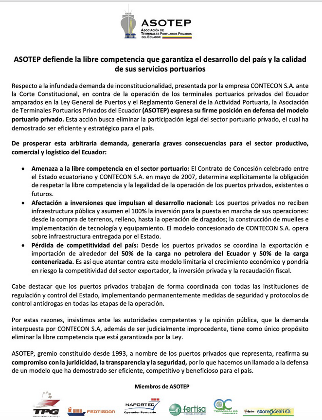 Pinvestigacion3's tweet photo. ¿Qué dicen los puertos privados? La Asociación de Terminales Portuarios Privados del Ecuador #Asotep calificó como "infundada" la demanda. A su entender, Contecon quiere “eliminar la participación legal del sector portuario privado, el cual ha demostrado ser eficiente”. https://t.co/SOPSswqgYP