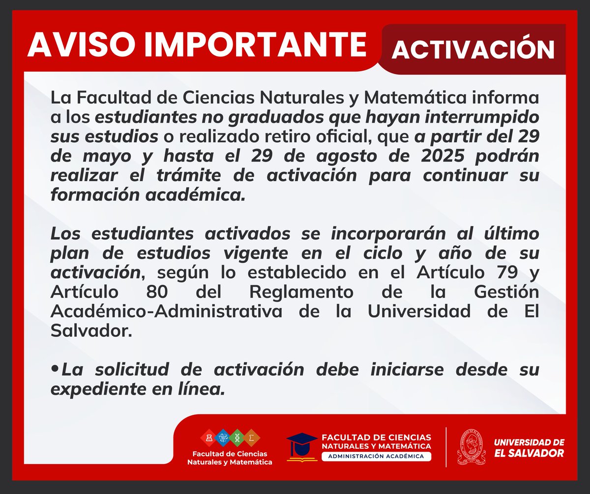📌Inicia proceso de activación📌

Informamos sobre el inicio del trámite de Activación para continuar su formación académica, para todos los estudiantes no graduados de nuestra facultad.

El proceso inicia desde el expediente en línea (eel.ues.edu.sv/expediente/)