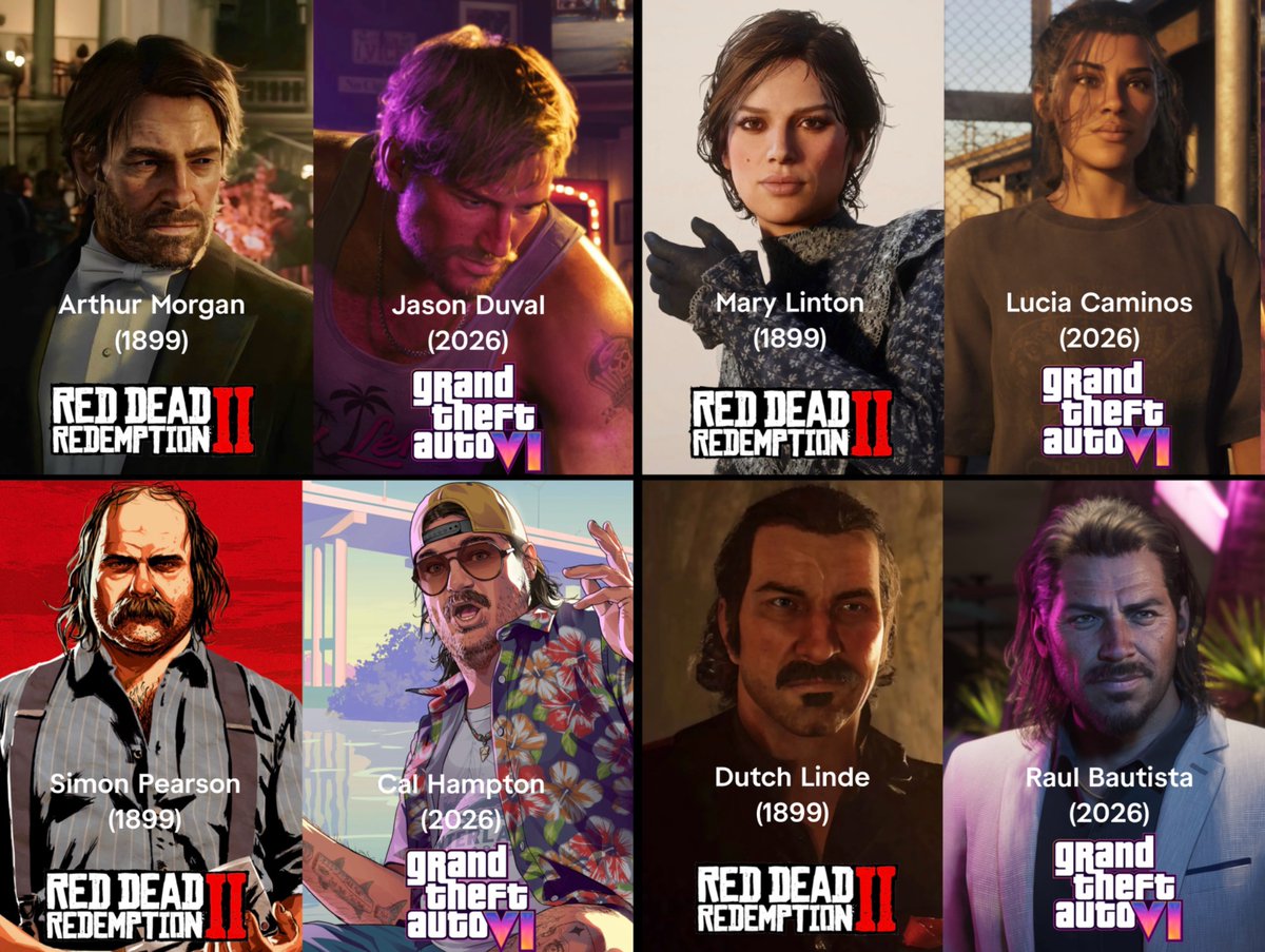 GTAVI_Countdown's tweet photo. Red Dead Redemption 2 characters reincarnated into GTA 6. https://t.co/12hEedn1Mb
