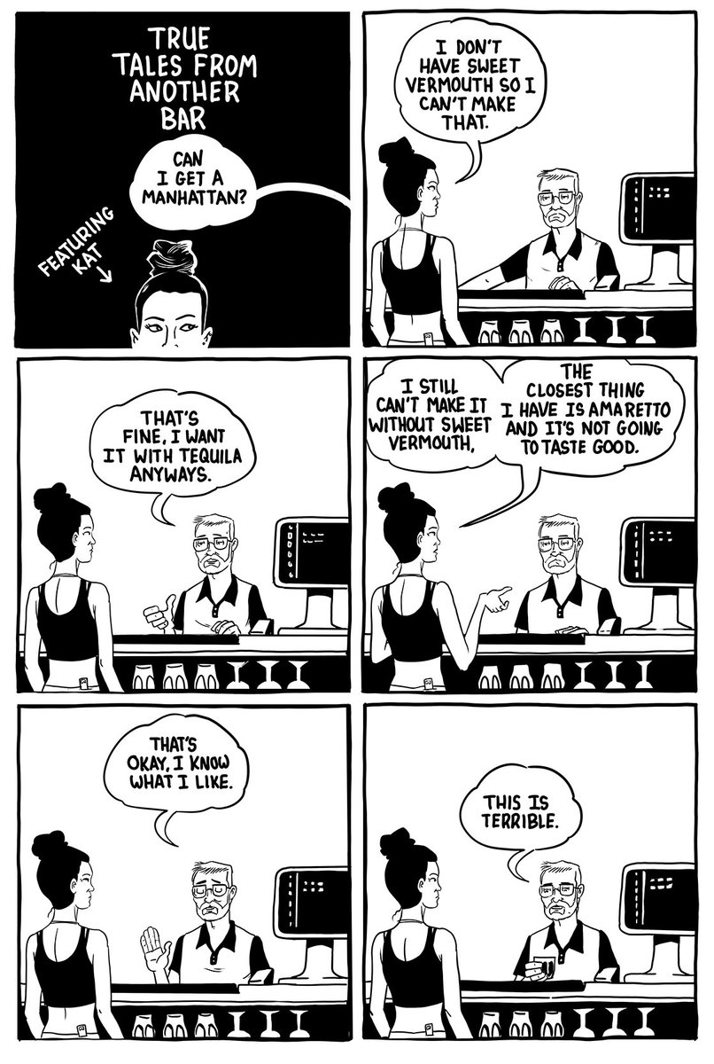 bryankellydraws's tweet photo. True Tales From The Bar #219

This week's comic is a true tale from real life Texas bartender Kat.

#truetalesfromthebar #barcomics #bartender #barstories #ttftb #barlife https://t.co/nsw5GxV3FP