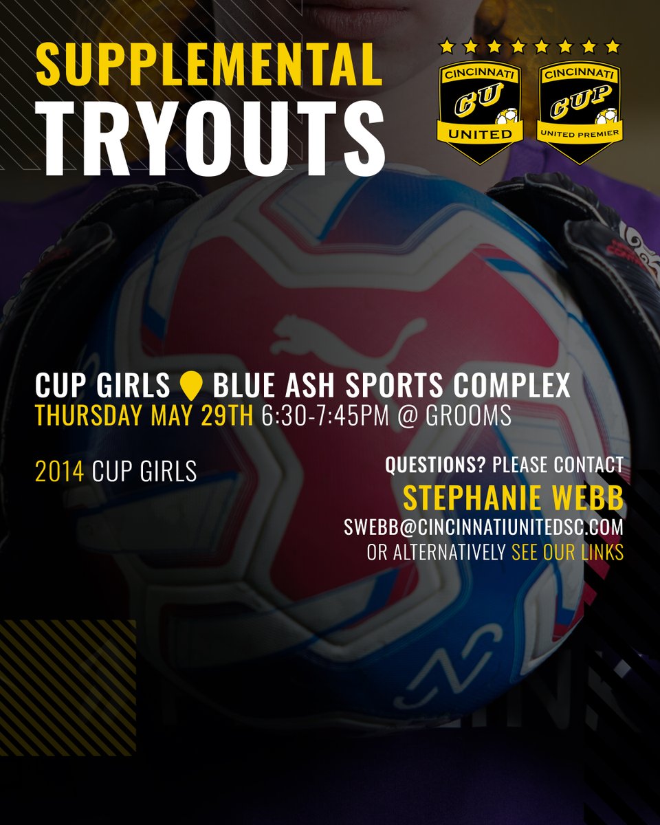 Supplemental Tryouts coming for CUP Girls! 🔥⚽

Questions? Please Contact:

Stephanie Webb
swebb@cincinnatiunitedsc.com