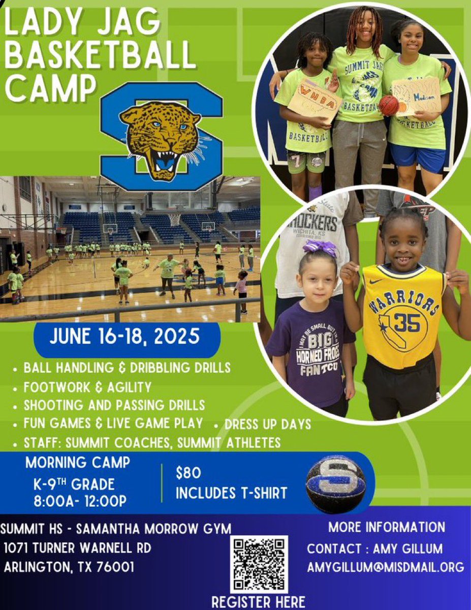 Summit GBB (@summitgbb) on Twitter photo Save the date because your Lady Jag Basketball camp is back! Get your kiddo signed up for tons of fun! 🏀
𝐓𝐡𝐞𝐦𝐞𝐝 𝐃𝐫𝐞𝐬𝐬𝐮𝐩 𝐃𝐚𝐲𝐬:
Monday- Superhero 🦸🏽♀️🦹♀️
Tuesday- Favorite team shirt/ jersey🎽
Wednesday- Crazy socks🧦/Camp shirt
<a href="/tahowardath/">Howard Athletics</a> <a href="/WesterAthletics/">Wester Athletics</a> Save the date because your Lady Jag Basketball camp is back! Get your kiddo signed up for tons of fun! 🏀
𝐓𝐡𝐞𝐦𝐞𝐝 𝐃𝐫𝐞𝐬𝐬𝐮𝐩 𝐃𝐚𝐲𝐬:
Monday- Superhero 🦸🏽♀️🦹♀️
Tuesday- Favorite team shirt/ jersey🎽
Wednesday- Crazy socks🧦/Camp shirt
<a href="/tahowardath/">Howard Athletics</a> <a href="/WesterAthletics/">Wester Athletics</a>