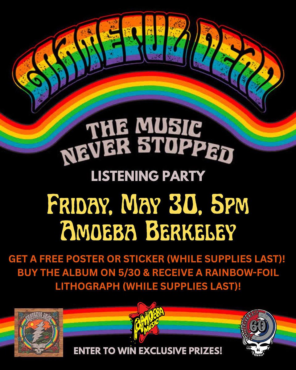 All Amoeba stores are having listening parties for @gratefuldead's "The Music Never Stopped" at our stores May 30 at 5pm! Come hear a curated selection from #TheMusicNeverStopped, win prizes &amp; get free poster or sticker (while supplies last). #GD60

Info: bit.ly/3SBR1FW