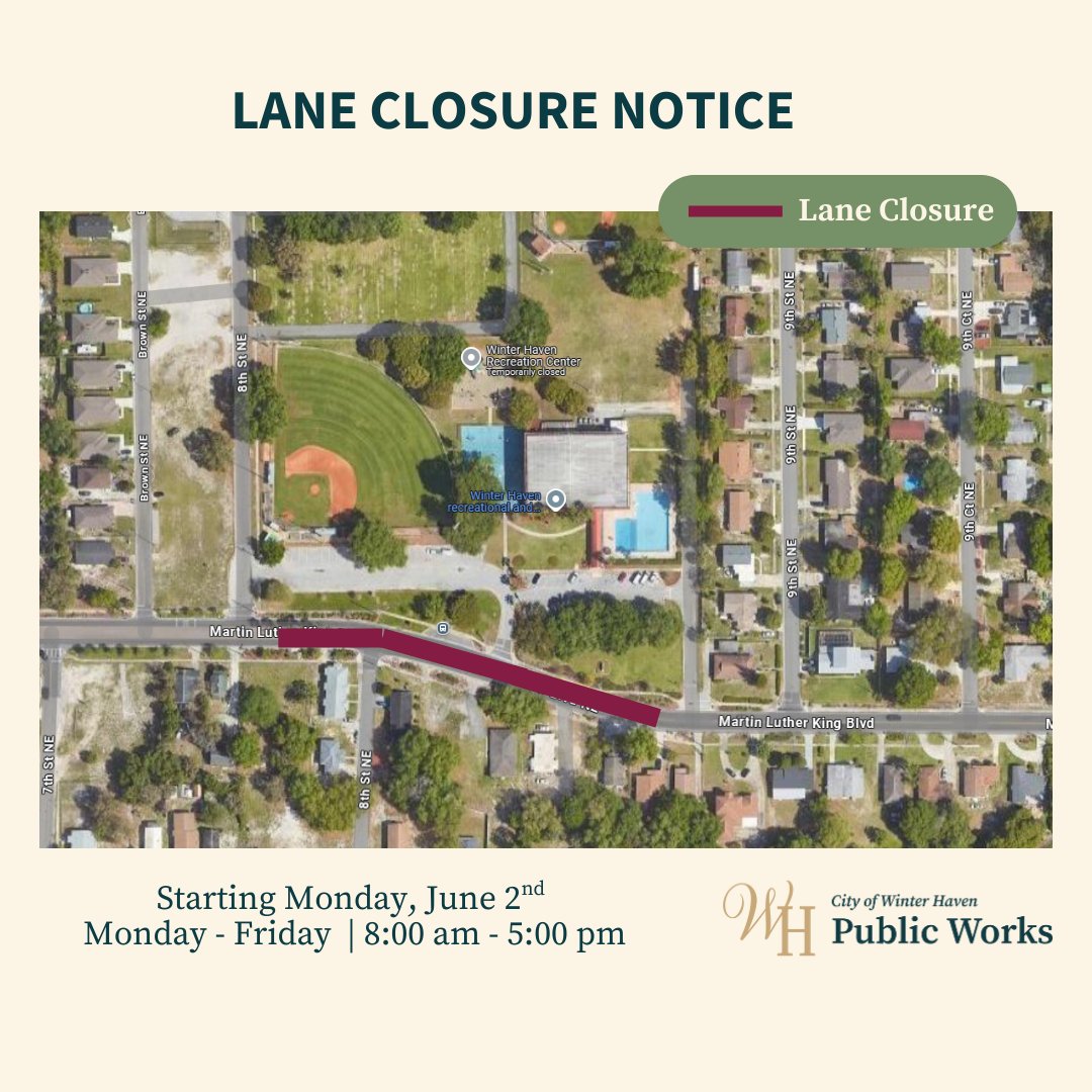 Tucker Paving, Inc. will begin curb and entrance tie-in work on Martin Luther King Blvd near the Winter Haven Recreational Cultural Center starting June 2 for 2 weeks, Mon–Fri, 8 AM – 5 PM.

For questions contact Scott Elswick, Project Manager at (863) 299-2262.