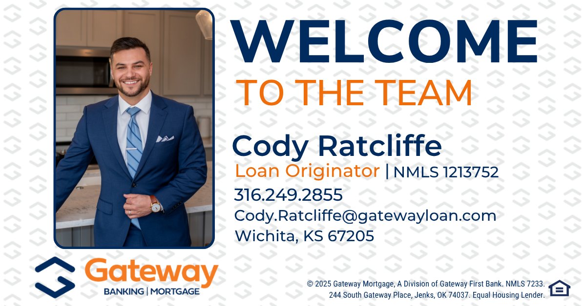 Join us in welcoming Cody Ratcliffe, our new Loan Originator in Wichita, KS! 🏡 With 9+ years of experience &amp; a Scotsman’s Guide Top Lender title, Cody is here to make your home loan journey smooth &amp; stress-free.

📍 Meet Cody: gatewayfirst.com/locations-atms…

#WichitaKS #LoanOriginator
