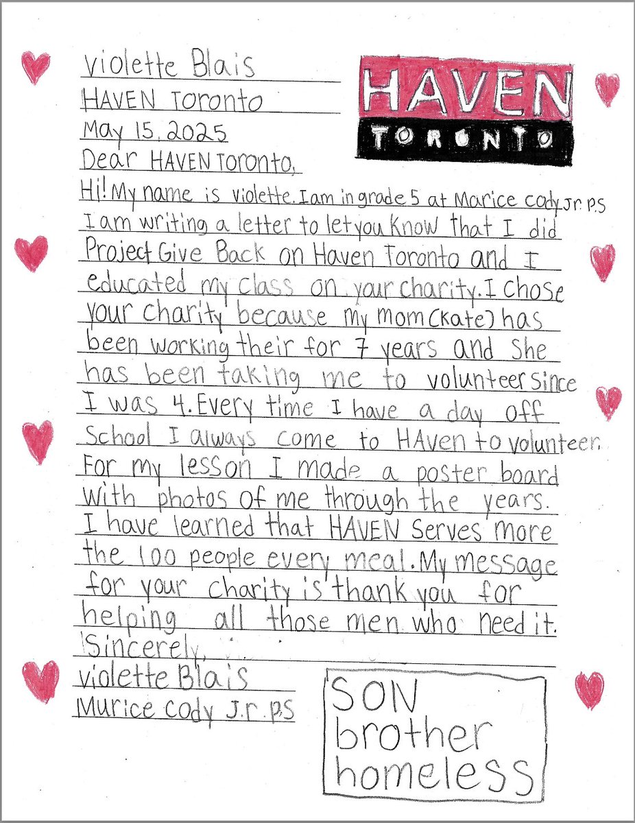 Big Hearts Start Small
Violette Blais, daughter of our amazing volunteer Kate Blais, recently educated her classmates about Haven Toronto and the work we do.

A young advocate with a huge heart — thank you, Violette! 💛

#HavenToronto #YouthAdvocate #BigHeartsStartSmall