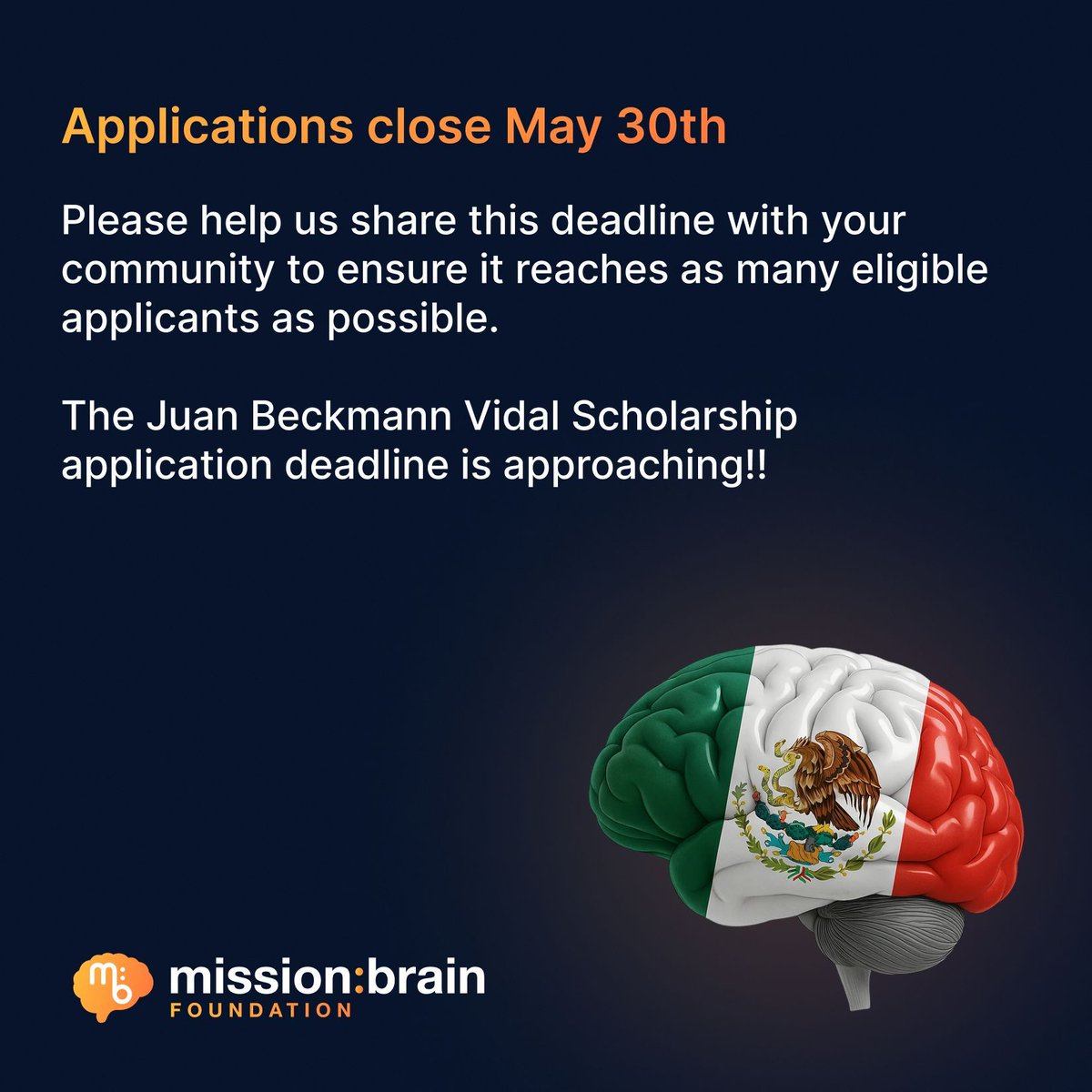 missionbrainorg's tweet image. ⏳ Deadline Approaching!
The Juan Beckmann Vidal Scholarship application closes May 30th — don’t miss your chance to apply!
Please share with your network to help us reach as many eligible students as possible.
See website for details
🔗 buff.ly/5xanPoN
