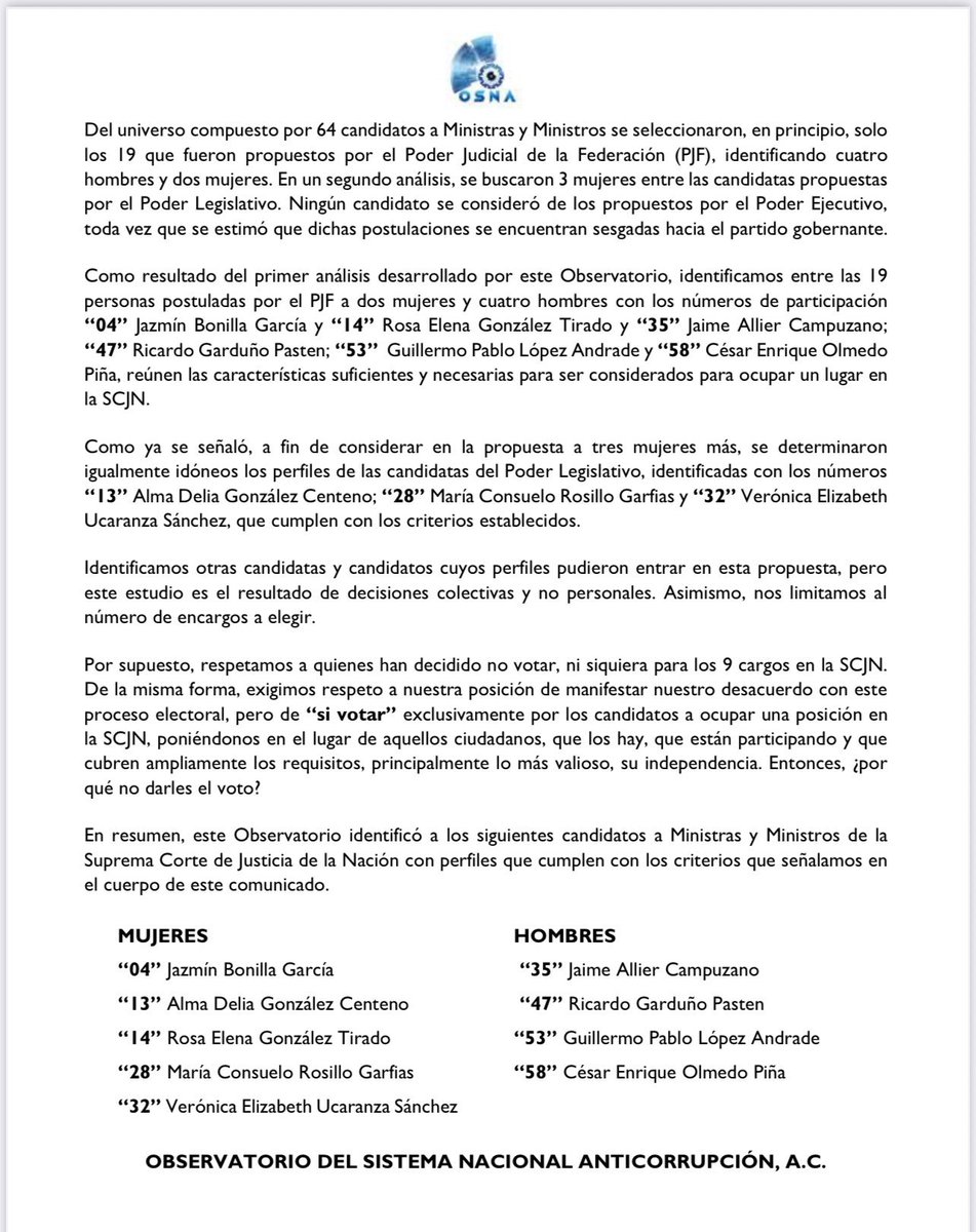 🇲🇽 Invito a todo México a leer con atención el posicionamiento del "Observatorio del Sistema Nacional Anticorrupción <a href="/CPCSNA/">OBSERVATORIO DEL SNA</a> " sobre el proceso electoral del próximo domingo 1 de junio.

⚖️ Me honra haber sido incluido en su lista de perfiles  para ocupar el cargo de MINISTRO de