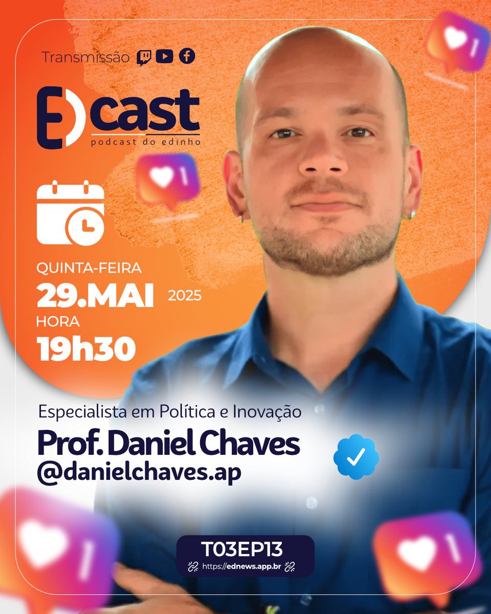 🎙️  Analisando os fatos e a conjuntura política do Amapá, do Brasil e do mundo, o nosso entrevistado do EDcast-podcast do Edinho desta quinta-feira, 29, é o especialista em política e inovação - professor Daniel Chaves.

🎧 Não perca: Quinta-feira, 29 de maio, às 19h30.