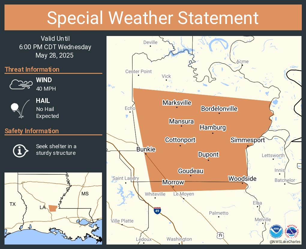 A special weather statement has been issued for Marksville LA, Bunkie LA and  Simmesport LA until 6:00 PM CDT