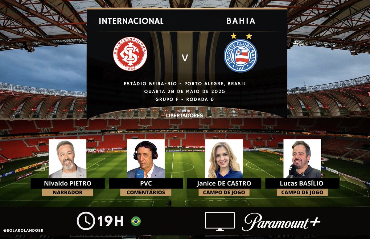 FC_PRIETO's tweet photo. ⚽ #Libertadores | 🇧🇷 #Internacional x #Bahia 🇧🇷
🎙 Narrador: @nivaldoprieto 
🎙 Comentarista: @PVC 
🎙 Campo de jogo: Janice de Castro - @lhbasilio 
📺💻📱 @paramountplusbr
🤳 #LibertadoresNoParamount https://t.co/4IYHD57QGm