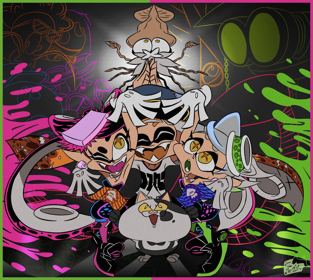 Cam2kI's tweet photo. "Vast tinted water"
I swear to god, if I'm gonna keep coming up with base ideas of a drawing so late whenever a special occasion happens-
I mean, happy (late) 10 years, Wii U game!
#splatoon #fanart #videogame #squidsisters #agent3 #craigcuttlefish #anniversayart #nintendo https://t.co/KMaRIgxkWX