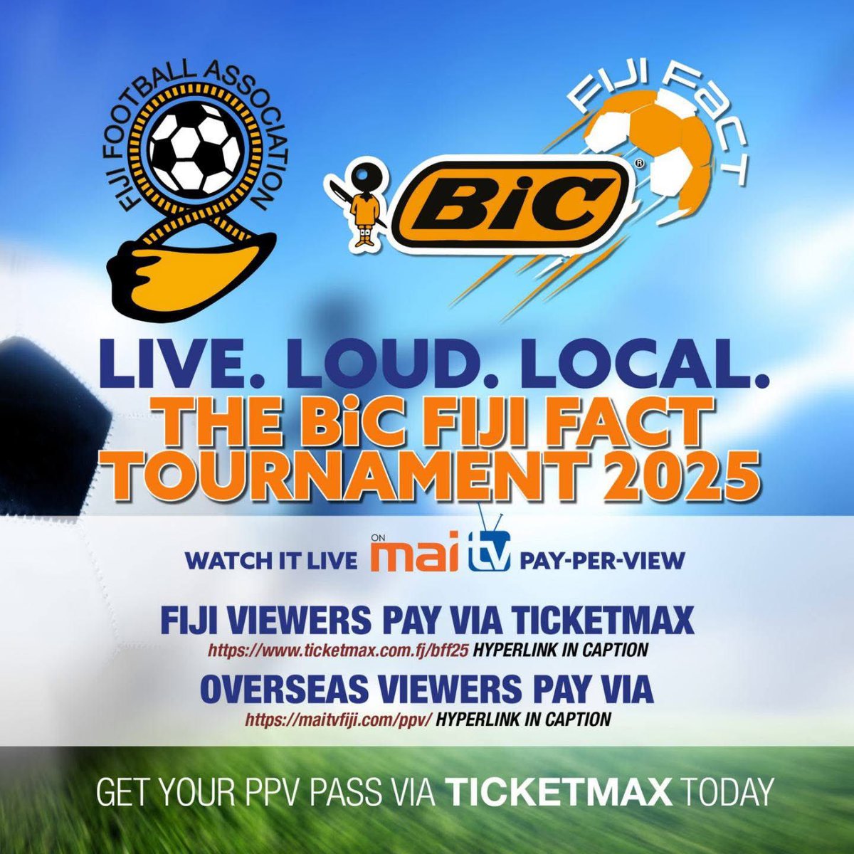 📣 New day, new vibe—leaving last night’s ‘minor league’ game behind. Now, the real showdown begins! Have you subscribed to MaiTV’s Pay-Per-View for the 2025 BiC Fiji Fact kicking off tomorrow? Because nothing beats catching all the action LIVE  🇫🇯⚽️📺

🔶 How to Watch:
For LOCAL