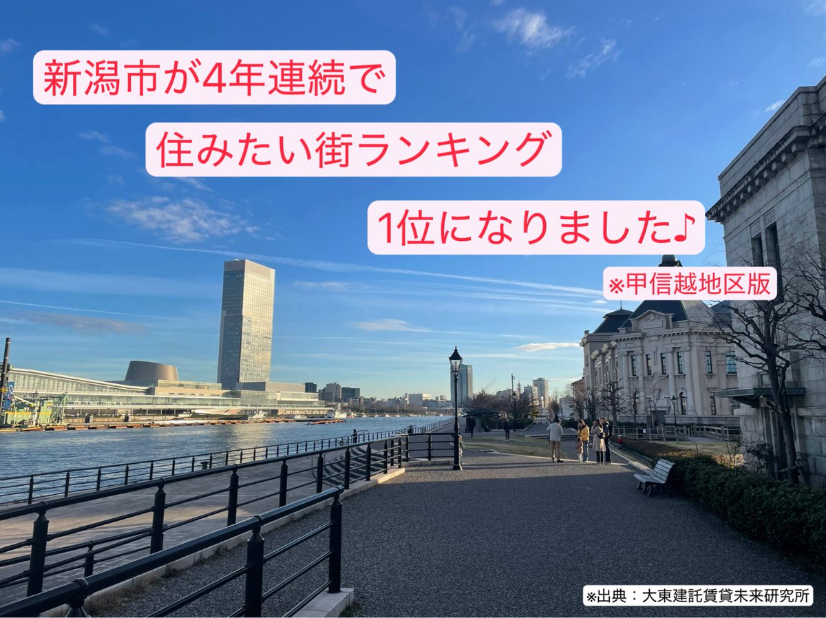 住みたい街ランキング （甲信越版）

新潟市が4年連続1位となりました。

1位は素直に嬉しいですね！

・食べ物がとにかく美味しい

・ほどよく都会で自然も豊か

・サッカー観戦など娯楽が充実

・実は雪が少ない

こんなところから、
とても住みやすい街だと感じます♪

#新潟　#ガタ好き