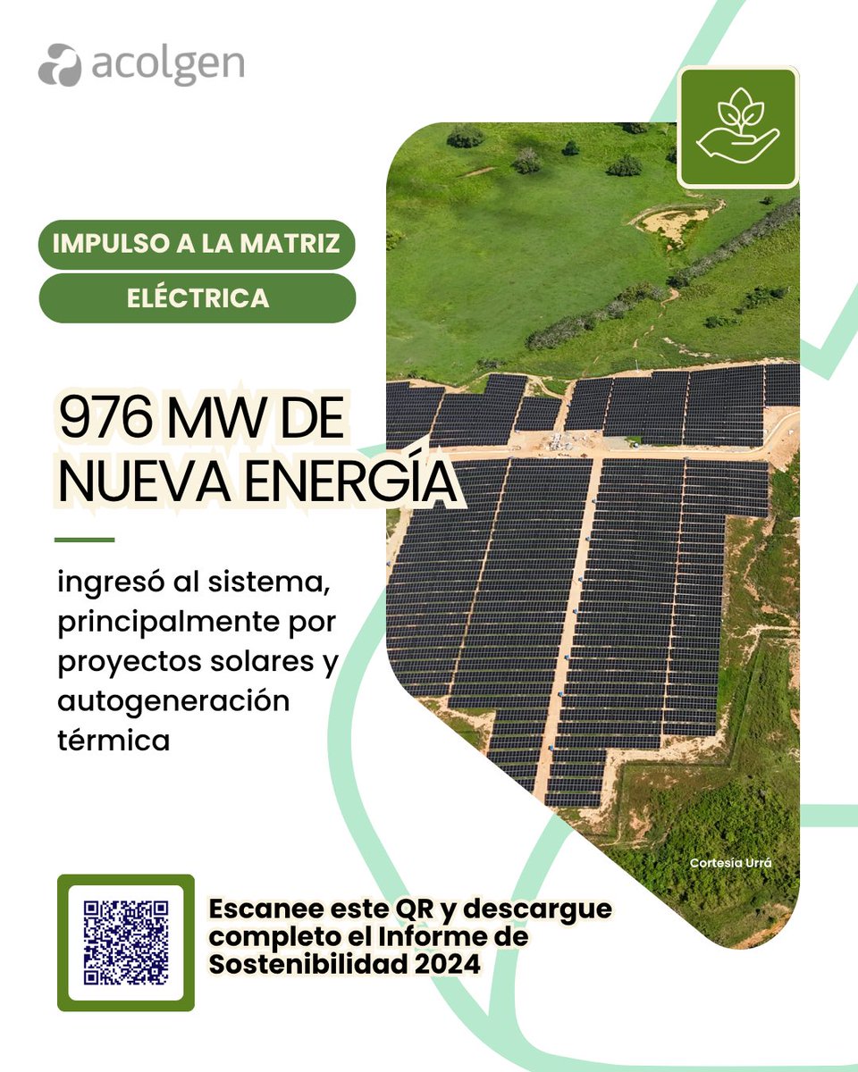 Acolgen's tweet photo. ¡Estamos comprometidos con entregarle más energía a Colombia! ⚡️

En 2024, cerca de 1 GW de nueva energía entró al país gracias a nuevas centrales de generación.

Conozca más en nuestro #InformeDeSostenibilidad 2024 de Acolgen 👉🏻https://t.co/2kZCYDWWRL

#Energía #Colombia #Sostenibilidad