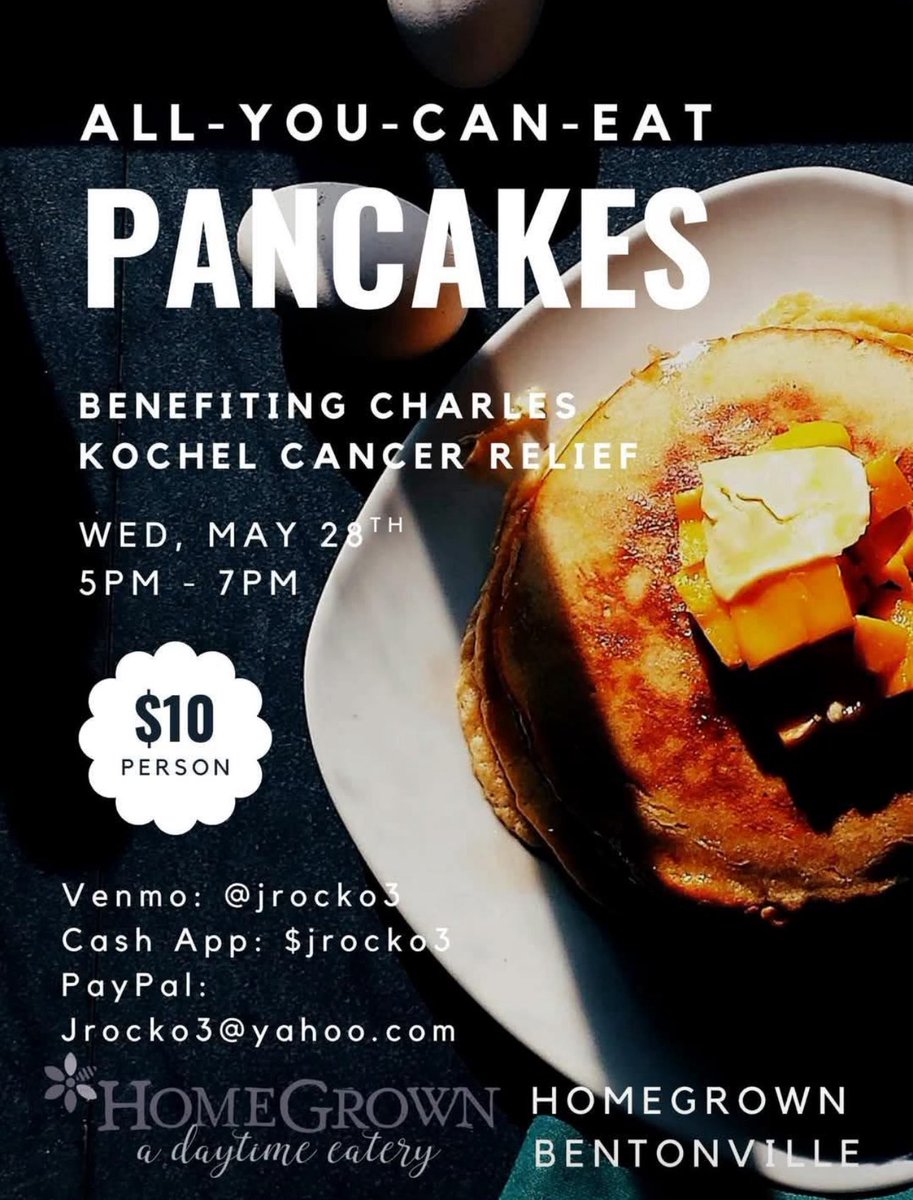 Happening Now: Bring your fam for All-You-Can-Eat pancakes at 8th Street Markets new HomeGrown brunch spot. Benefitting my husband <a href="/CharlesKochel/">Charles Kochel</a> &amp; his #ColonCancer journey. Hosted by Dads of NWA. As a RN on his team the support of our community has been incredible &amp; it continues