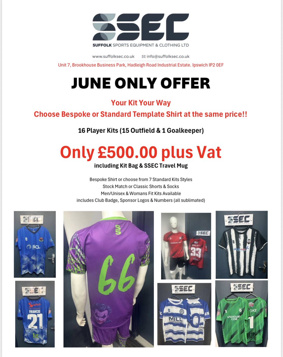 ssecltd's tweet photo. Looking for a kit for next season? Stand out from the crowd &amp; design your own or select from one of 7 standard designs available in multiple colourways. Exceptional quality kit at an affordable price!! Why not give us a look Sat 31st May at our 1st birthday BBQ between 10am &amp; 2pm https://t.co/kLXGDQtLvo