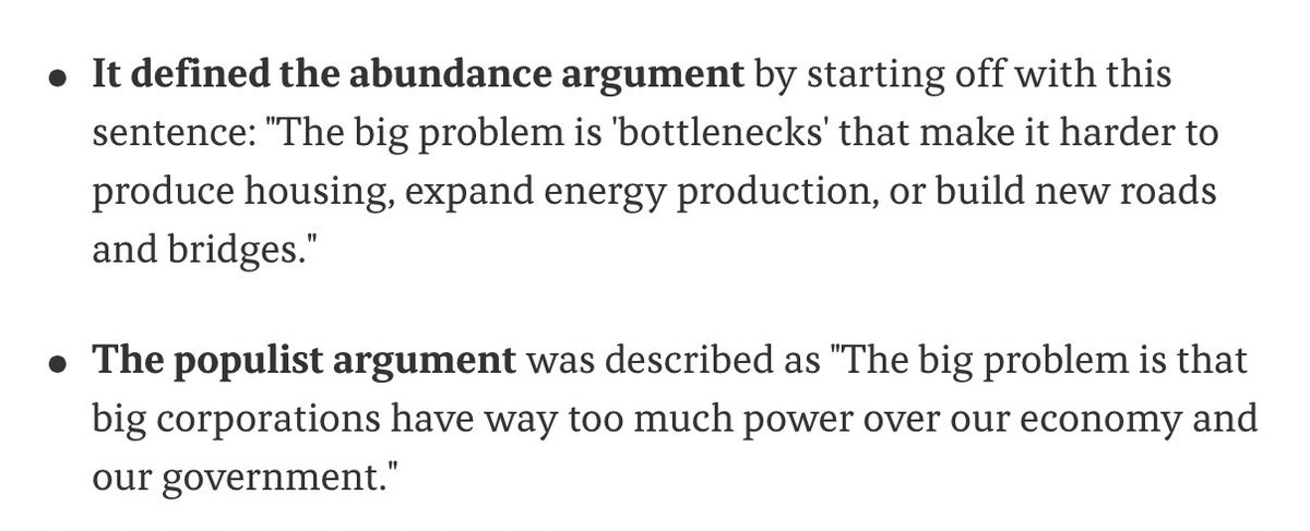"Given a direct choice, 59% of Democrats preferred the populist argument, compared to just 16.8% liking the abundance one."