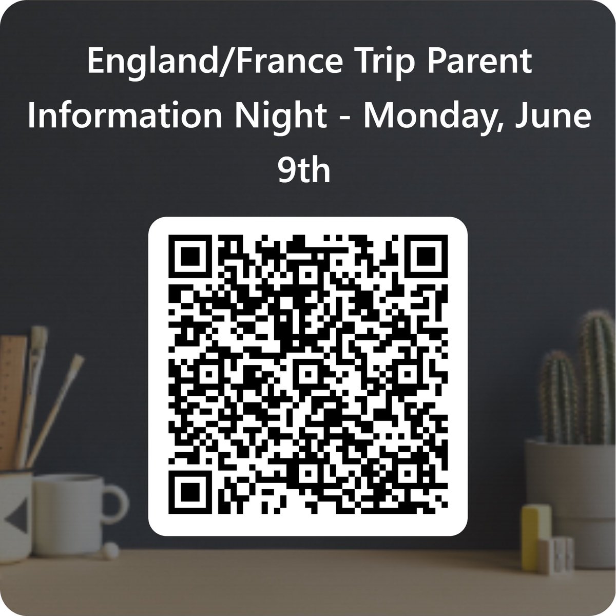 Join us for the England/France 2027 Trip Parent Information Night on Monday June 9th at 6:00pm at Assumption College School in the Lecture Hall! Click the link to RSVP to the meeting: forms.office.com/r/DqAshTfv1G
