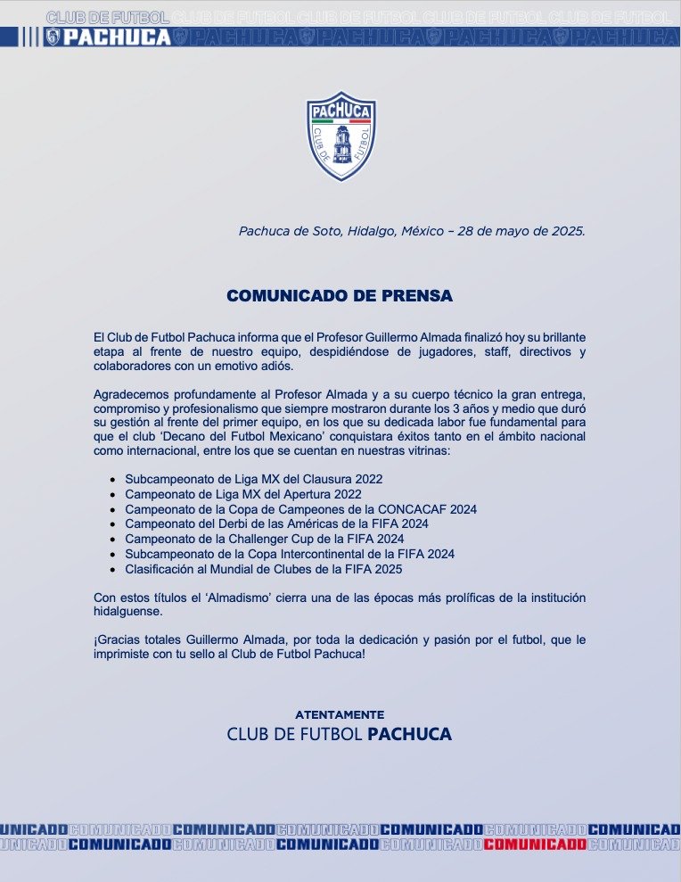 📋 | COMUNICADO DE PRENSA: Guillermo Almada.

#PachucaSomosTodos🤍💙