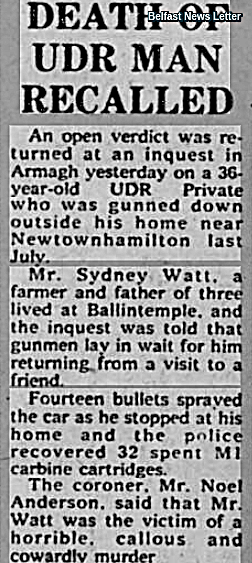 OnThisDayPIRA's tweet photo. #OnThisDay in 1973 the IRA murdered Sidney Watt, 35. Married father of 4. Farmer/off duty UDR shot  Ballintemple, Newtownhamilton. IRA waited for his return home 1:25am. Wife ran to car &amp; suggesting getting brother. He replied “It’s no good, I’m dead” https://t.co/QTx2WH4elT #OTD https://t.co/P480W4jo80