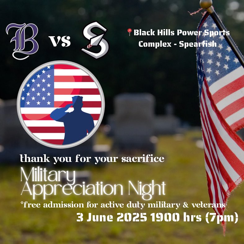 Join us for Military Appreciation Night as we host Belle Fourche Post 32 in our American Legion season opener!

- We will honor military members &amp; veterans (free admission)
- High School season varsity letter winners will also be acknowledged 
#sdpreps
