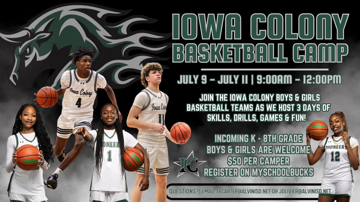 Iowa Colony Girls BBall (@iowacolonygbb) on Twitter photo ๐ฅFuture IC Hoopers!๐ฅ
Join us at the Iowa Colony Basketball Camp, July 9โ11 for skills, drills, games & fun!
๐ 9AMโ12PM | ๐ต $50
๐ Incoming Kโ8th grade boys & girls
Register ๐ myschoolbucks.com/ver2/prdembd?rโฆ
txcarter@alvinisd.net | jolivier@alvinisd.net
#COMPETE #TOGETHER #BLAZE ๐ฅFuture IC Hoopers!๐ฅ
Join us at the Iowa Colony Basketball Camp, July 9โ11 for skills, drills, games & fun!
๐ 9AMโ12PM | ๐ต $50
๐ Incoming Kโ8th grade boys & girls
Register ๐ myschoolbucks.com/ver2/prdembd?rโฆ
txcarter@alvinisd.net | jolivier@alvinisd.net
#COMPETE #TOGETHER #BLAZE