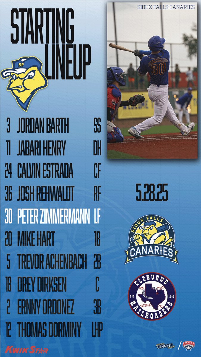 Sioux Falls Canaries (@canaries) on Twitter photo Dialed in. ⚡️
🆚<a href="/CRRBaseball/">Cleburne Railroaders</a>
⏰ 6:35 PM CT
📍 The Birdcage
📺: aabaseball.tv
🎟️: tickets.sfcanaries.com
#GoBirds Dialed in. ⚡️
🆚<a href="/CRRBaseball/">Cleburne Railroaders</a>
⏰ 6:35 PM CT
📍 The Birdcage
📺: aabaseball.tv
🎟️: tickets.sfcanaries.com
#GoBirds