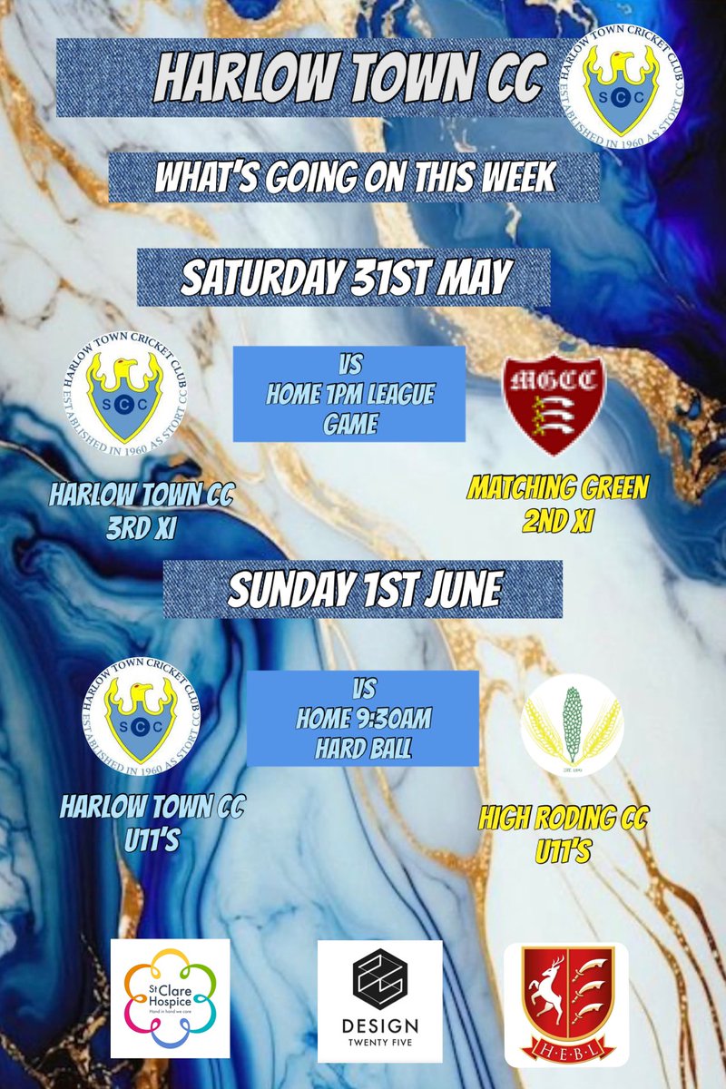 Harlow Town CC (@harlowtowncc) on Twitter photo What’s going on this week.
Saturday 31st May
1st Xl home to Walthamstow Cricket Club <a href="/WalthamstowCC/">Walthamstow CC</a>
2nd Xl away to Benfleet Cricket Club
<a href="/BenfleetCC/">Benfleet CC</a>
3rd Xl home to Matching Green Cricket Club <a href="/MatchingGreenCC/">Matching Green CC</a>
Sunday 1st June
Under 11’s home to High Roding Cricket Club What’s going on this week.
Saturday 31st May
1st Xl home to Walthamstow Cricket Club <a href="/WalthamstowCC/">Walthamstow CC</a>
2nd Xl away to Benfleet Cricket Club
<a href="/BenfleetCC/">Benfleet CC</a>
3rd Xl home to Matching Green Cricket Club <a href="/MatchingGreenCC/">Matching Green CC</a>
Sunday 1st June
Under 11’s home to High Roding Cricket Club
