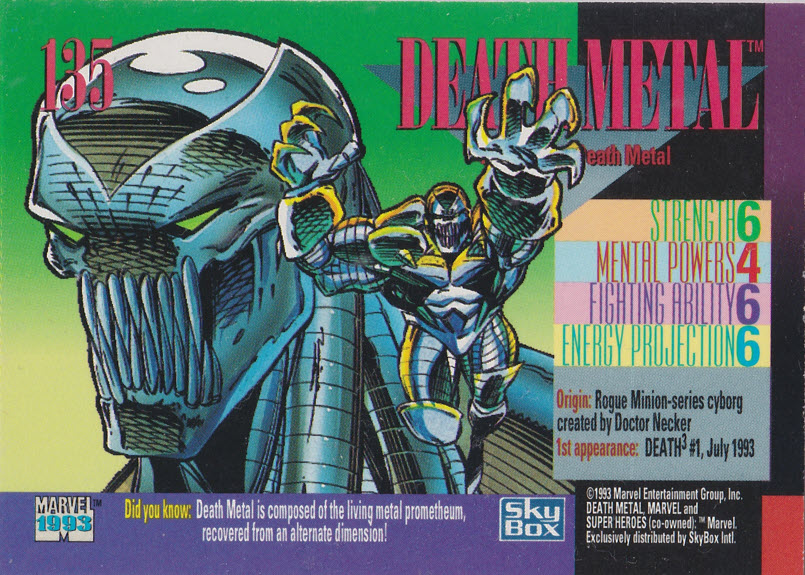 AustinGorton's tweet photo. Card 135: Death's Head II
Doctor Necker strikes again, with Death's Head's toothier, presumably thrashier, brother!
#TradingCardADay #MU4 #MarvelUK #LiamSharp #DeathMetal https://t.co/W17Xugbbe8