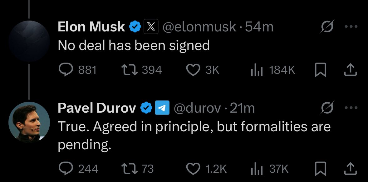 ایلان واکنش نشون داد گفت هنوز قراردی نداریم 😂.
پاول میگه اره . اما در اصل موافقت شده است ولی تشریفاتش در حال انجامه 😂.

دو روز دیگه هم ایلان ماسک پوزیشین لانگشو میگره خبرو تایید میکنه 😂😂
مثل اینکه عمو ایلان از نوسان جا مونده ناراحته 😂😂😂