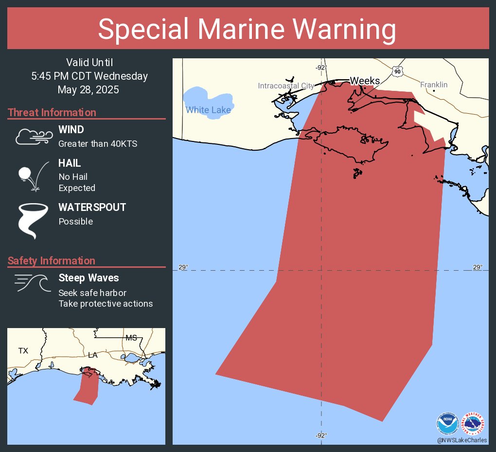 Special Marine Warning continues for the Waters from Intracoastal City to Cameron LA from 20 to 60 NM, Waters from Lower Atchafalaya River to Intracoastal City LA from 20 to 60 NM and Coastal waters from Intracoastal City to Cameron LA out 20 NM until 5:45 PM CDT
