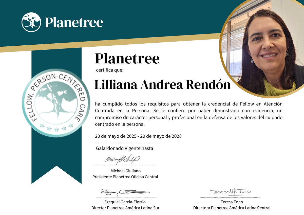 Nos llena de alegría compartir que Lilliana Andrea Rendón Restrepo, Directora Nacional de Planeación de SURA, ha obtenido la certificación Fellow P-CC® en Atención Centrada en la Persona.

Este reconocimiento destaca su compromiso con una atención en salud más humana.