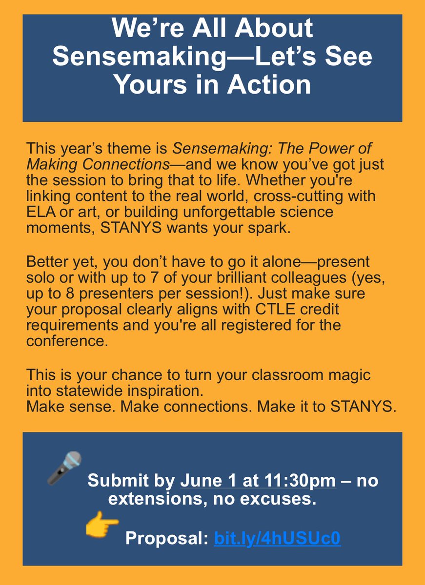You know what to do. 👇

Get cracking - conference proposals are due Sunday June 1 - FOUR DAYS! 

#STANYS25 

👉 bit.ly/4hUSUc0