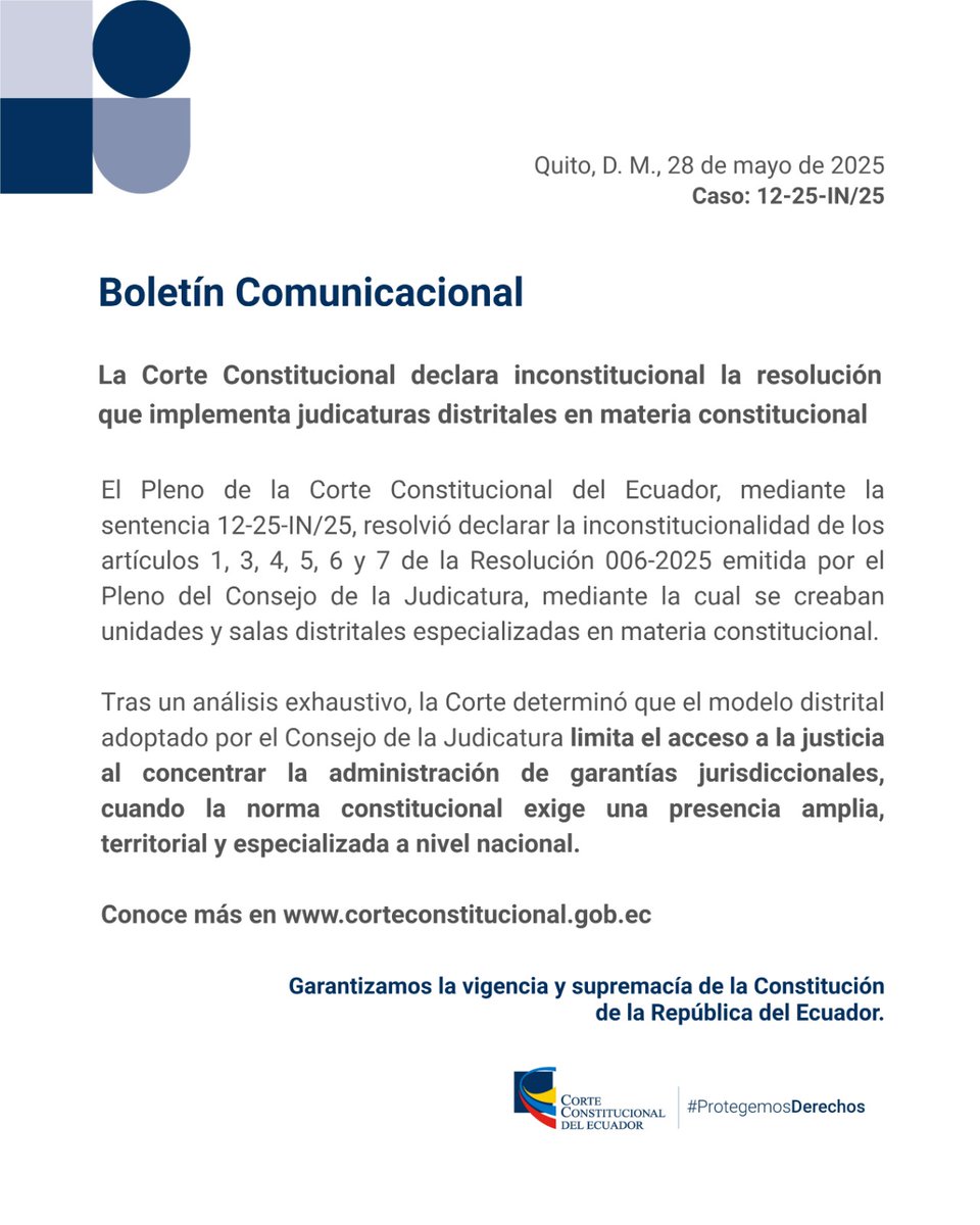 🚨¡MUY LAMENTABLE! 
Nos quedamos sin Judicaturas Constitucionales, la pregunta del millón: ¿Cómo queda el mandato popular dado en las urnas, en una Consulta Popular que nos costó mas de 60 millones de Dólares y dispuso que se implementen jueces constitucionales, a nivel nacional.