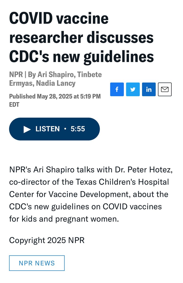 Prof Peter Hotez MD PhD (@peterhotez) on Twitter photo My <a href="/NPR/">NPR</a> <a href="/npratc/">All Things Considered</a> <a href="/arishapiro/">Ari Shapiro</a> interview this afternoon
vpm.org/npr-news/npr-n… My <a href="/NPR/">NPR</a> <a href="/npratc/">All Things Considered</a> <a href="/arishapiro/">Ari Shapiro</a> interview this afternoon
vpm.org/npr-news/npr-n…