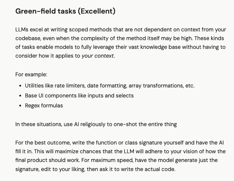 atooooool's tweet photo. AI coding on existing codebases is an entirely different experience than greenfield work.

Literally the first section of the new essay I wrote on how I actually use AI coding: https://t.co/fPLEvCXe87