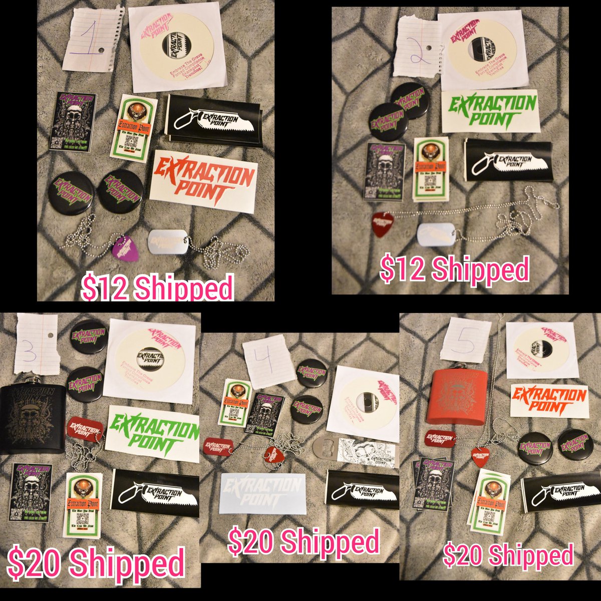 This is the last of our merch. Grab a bundle and help us make space for some new stuff. Prices include shipping. Lower 48 ONLY. Prices are on photos. 

Merch bundle 1&amp;2 $12 shipped. Merch bundle 3,4,&amp; 5 $20 shipped. 

DM us to purchase. PayPal Zelle and Venmo accepted.
