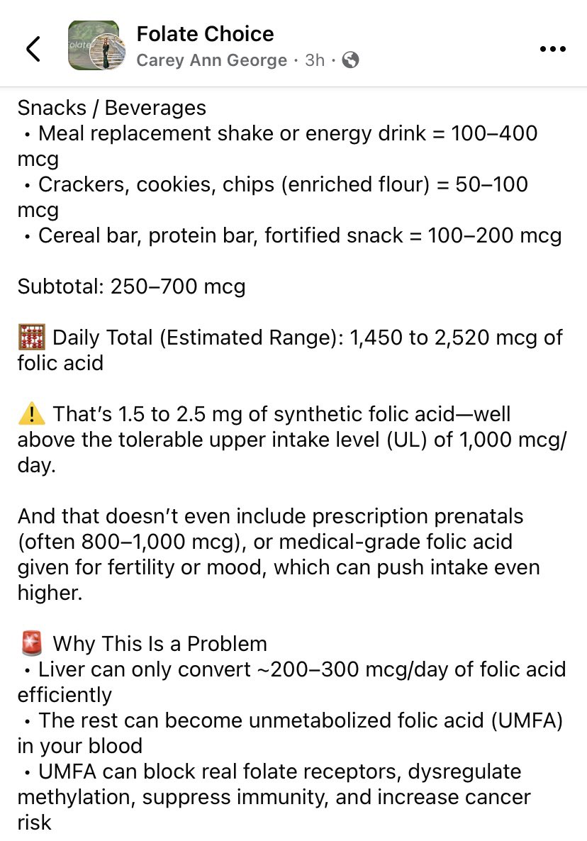 KateLCNM's tweet image. Excellent post from Facebook regarding excessive synthetic folic acid and the health implications- last 2 screenshots in comments @FolateChoice @SecKennedy