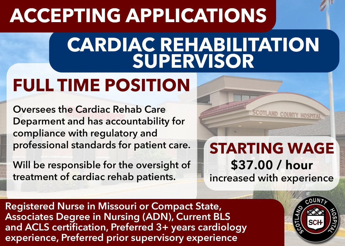 ScotlandCoHosp's tweet photo. Scotland County Hospital is currently accepting applications for the Cardiac Rehabilitation Supervisor position.  

For more information about this position, please visit: https://t.co/EtoVdXP4WO https://t.co/GFPssJddgK