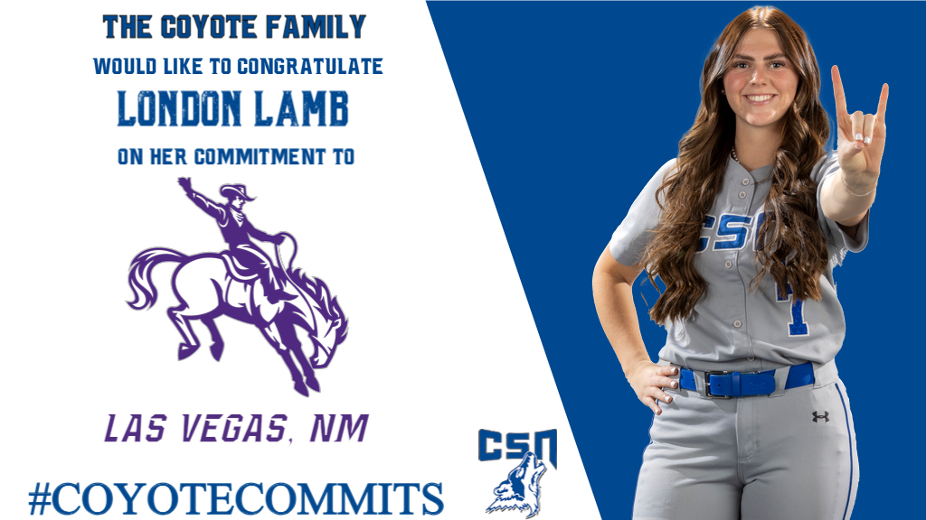 CSN_Softball's tweet photo. The Coyote Family is thrilled to congratulate London Lamb on her commitment to continue her academic and athletic career with New Mexico Highlands University in Las Vegas, NM.
🐺🥎➡️🤠🐎🥎 #D2Bound #LetsRide #CoyoteCommits https://t.co/TpKfGJwZUY