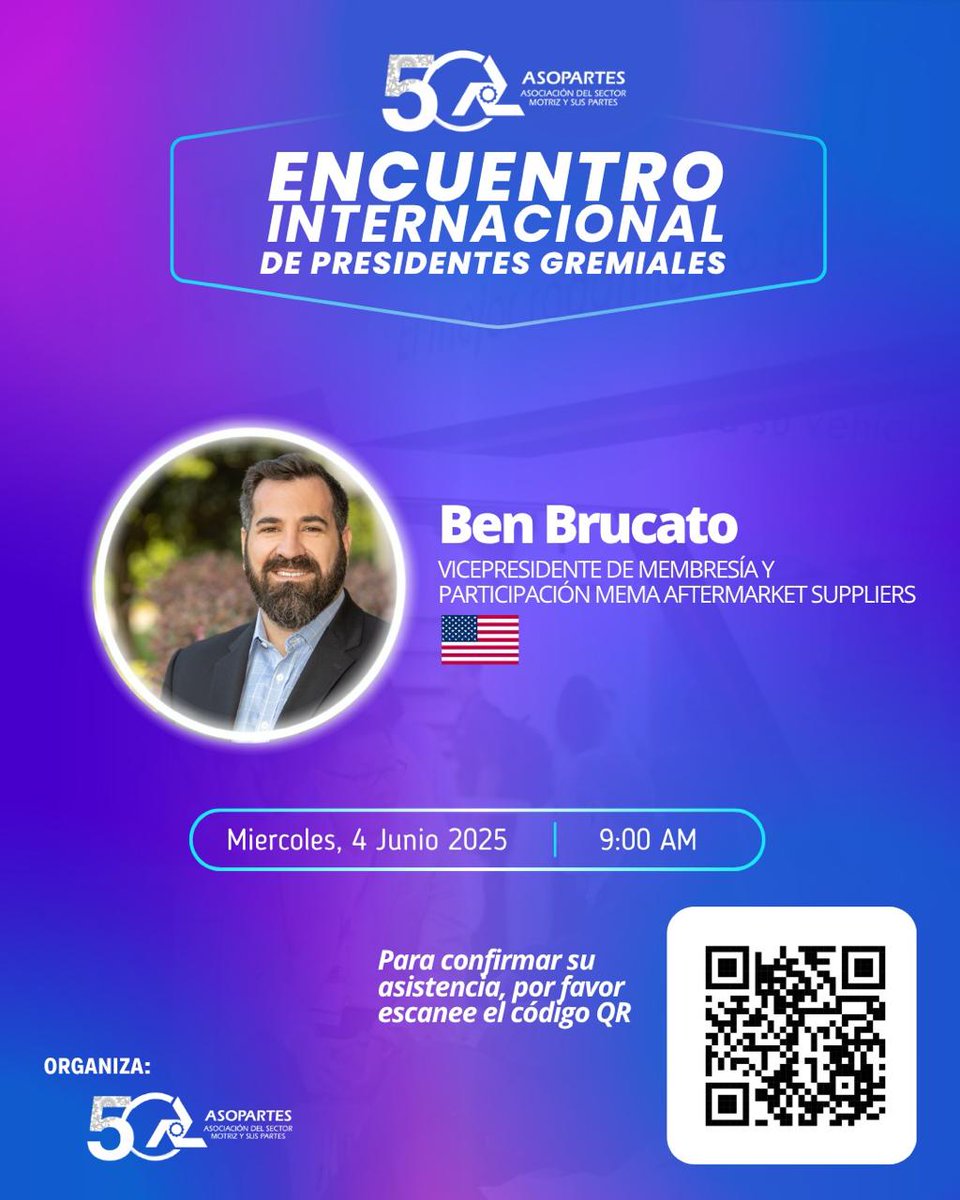 🌎 Llega a Bogotá el Encuentro Internacional de Presidentes Gremiales en #EXPOPARTES2025.

Con la participación de Ben Brucato 🇺🇸 MEMA Aftermarket Suppliers, líderes del sector analizarán el futuro de la industria automotriz.

📅 4 de junio | 🕘 9:00 a.m.