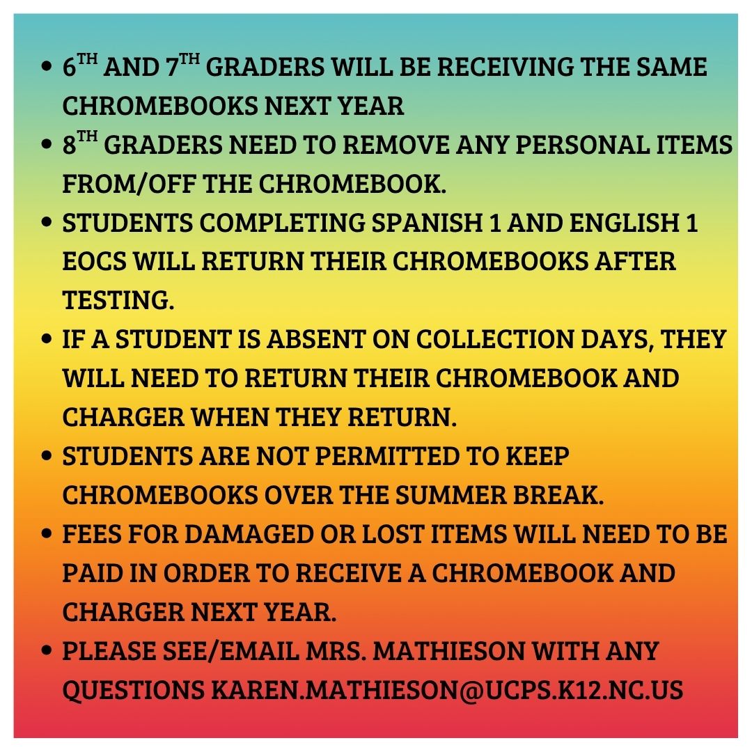 💻Chromebook and Charger Collection Information 💻
Chromebooks and chargers will be collected from all students following testing.
6th Grade: Friday, May 30th
7th &amp; 8th Grade: Monday, June 2
Please read the details in the graphics for important information.
@aghoulihan @ucpsnc