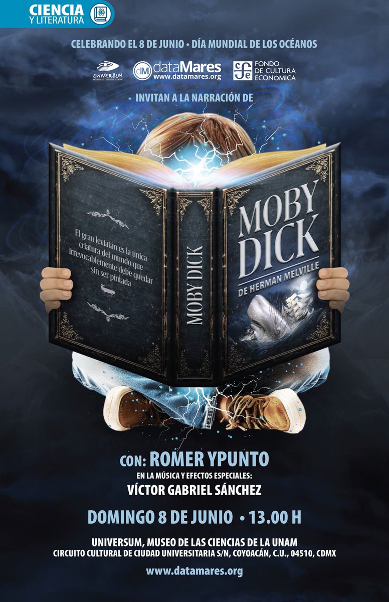 dataMares (@datamares) on Twitter photo 🌊 #DiaMundialdelosOceanos
<a href="/UniversumMuseo/">Universum Museo</a>, <a href="/FCEMexico/">Fondo de Cultura Económica</a> y dM presentan Moby Dick, con Romer YPunto en narración y Víctor Sánchez en música y efectos.
🗓️ 8 de junio
📍 Universum, Museo de las Ciencias UNAM
⏰ 13 hrs
#SomosLectores #OceanosEnUniversum #LiteraturayCiencia 🌊 #DiaMundialdelosOceanos
<a href="/UniversumMuseo/">Universum Museo</a>, <a href="/FCEMexico/">Fondo de Cultura Económica</a> y dM presentan Moby Dick, con Romer YPunto en narración y Víctor Sánchez en música y efectos.
🗓️ 8 de junio
📍 Universum, Museo de las Ciencias UNAM
⏰ 13 hrs
#SomosLectores #OceanosEnUniversum #LiteraturayCiencia