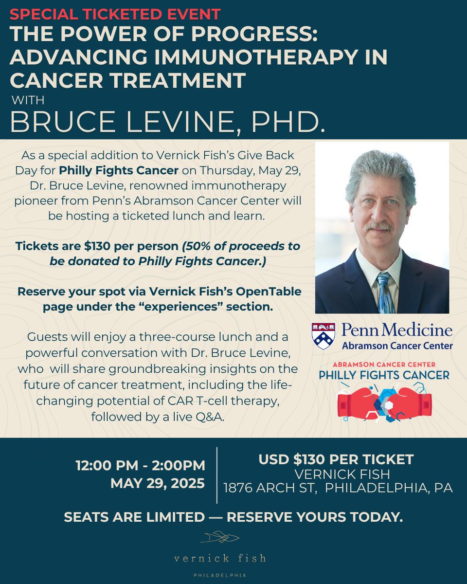 Penn Medicine - Abramson Cancer Center (@penncancer) on Twitter photo Our own Bruce Levine, PhD (<a href="/BLLPHD/">Bruce Levine, Ph.D. 🇺🇦🥼🔬🧬🧪💉</a>) will also be leading a special lunch and learn event. Make your reservation via OpenTable or call (215) 419-5055. opentable.com/r/vernick-fish… Our own Bruce Levine, PhD (<a href="/BLLPHD/">Bruce Levine, Ph.D. 🇺🇦🥼🔬🧬🧪💉</a>) will also be leading a special lunch and learn event. Make your reservation via OpenTable or call (215) 419-5055. opentable.com/r/vernick-fish…