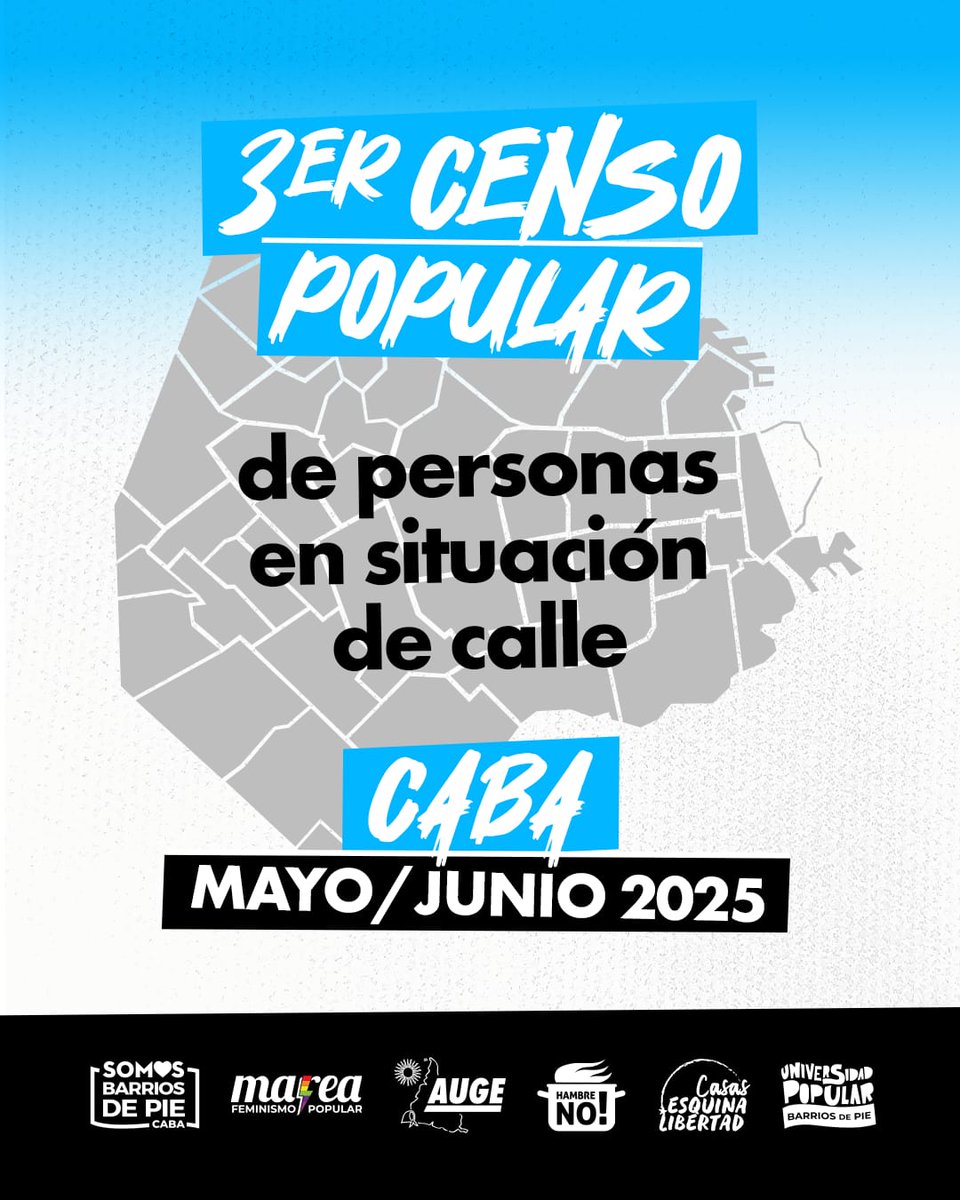 📣SUMATE A SER CENSISTA para el 3ER CENSO POPULAR DE PERSONAS EN SITUACIÓN DE CALLE de CABA.

La emergencia habitacional que atraviesan miles de personas en nuestra ciudad exige una respuesta urgente y solidaria .

📝 Inscribite para participar
forms.gle/bfKiowfFNij3wA…