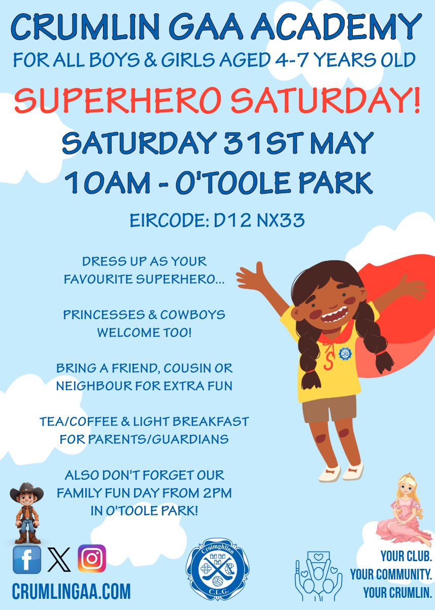 JOIN US THIS SAT 31ST AT 10AM IN CRUMLIN GAA CLUB, O'TOOLE PARK FOR OUR SUPERHERO ACADEMY!

Note: Change of location for our academy this Saturday! Head to D12 NX33

Join us for lots of fun &amp; games on while the Mums &amp; Dads are treated to a light breakfast on us!☕️🥐

#crumlingaa