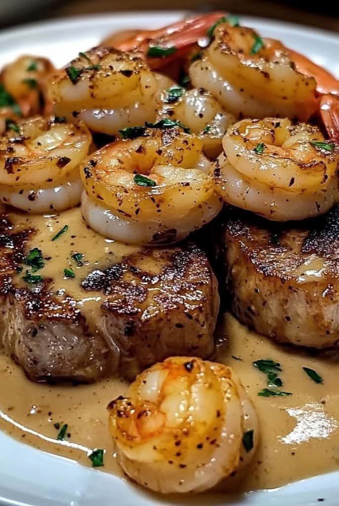 Eat~ Repeat Or Eat~ Just Once

Creamy Cajun Surf &amp; Turf Medallions 🥩🦐🌶️✨

Succulent beef medallions and seared shrimp smothered in a bold, creamy Cajun sauce — the perfect fusion of land and sea on one irresistible plate!